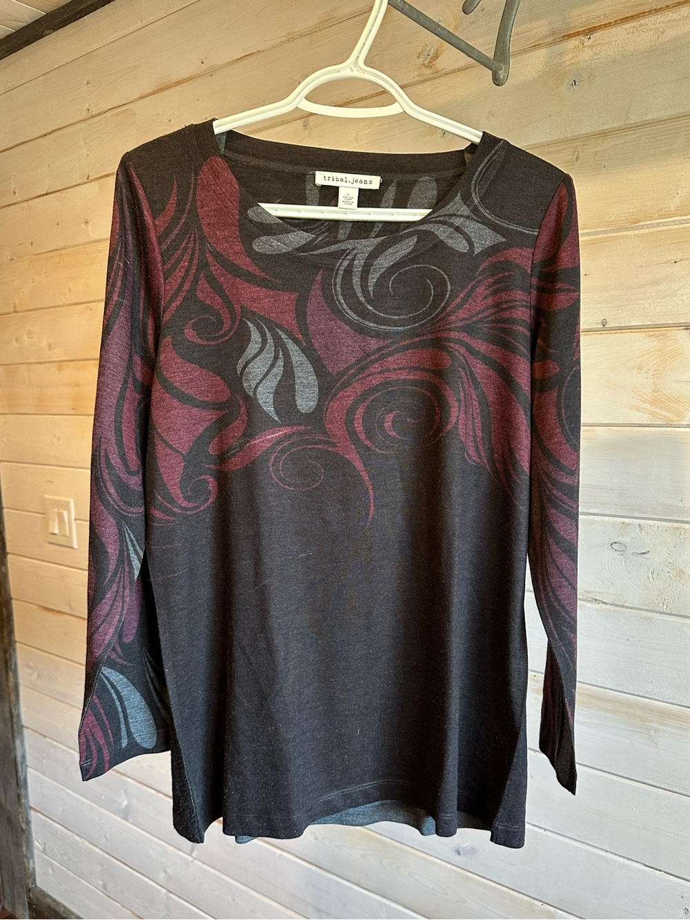 Tribal Jeans | Long Sleeve Burgundy & Grey Abstract Print Top
